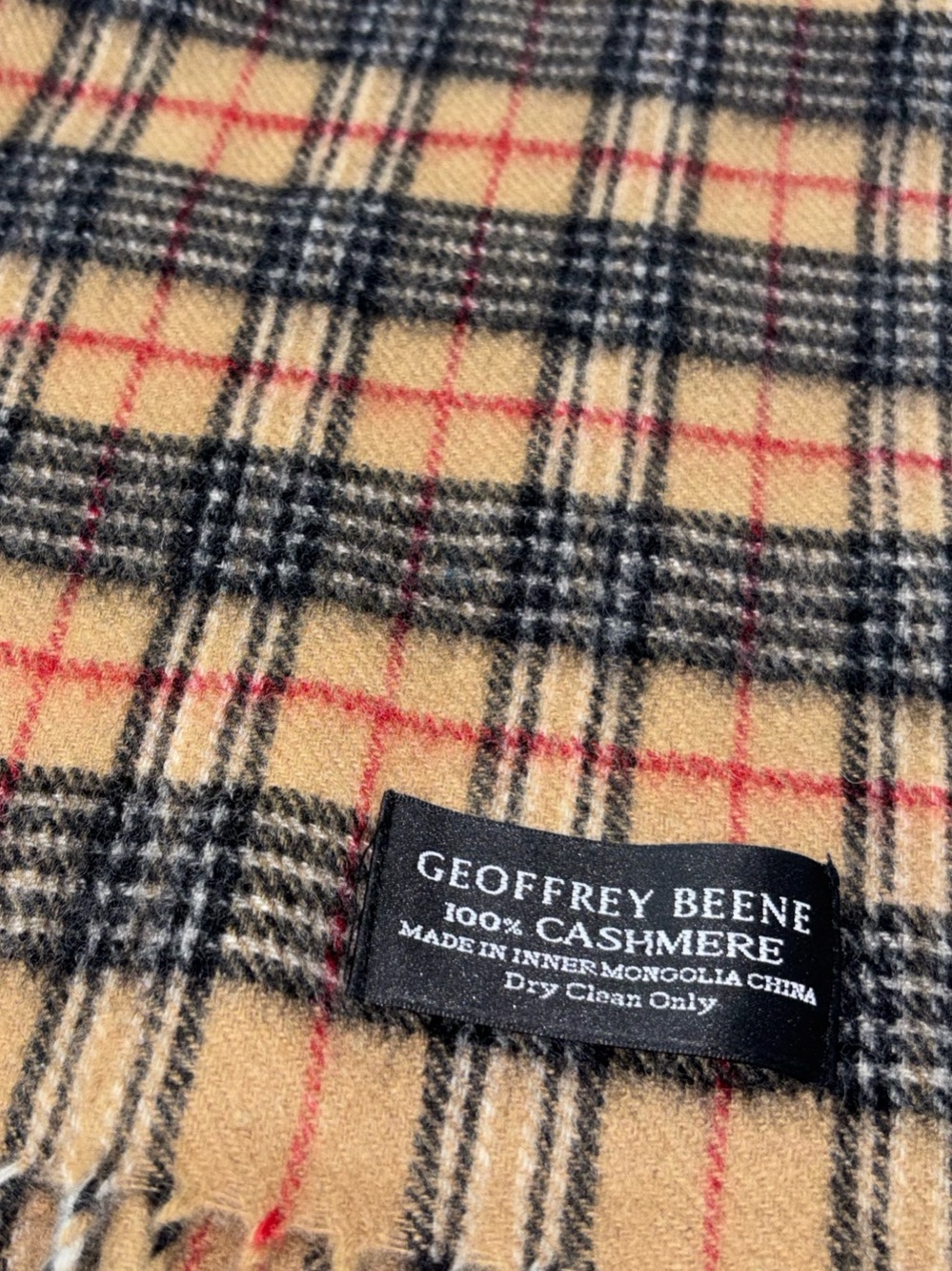 Geoffrey Beene 100% Pure Cashmere Scarf Brown Plaid Fringe Inner Mongolia - Picture 7 of 7